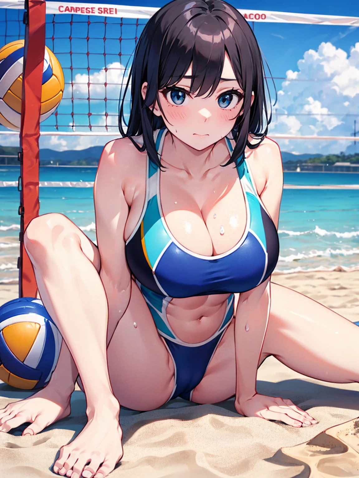 （Sweat, White skin:1.5、Light gray sports bra, ）, cameltoe, Fitness, , ((Beach volleyball swimsuit)),Big Breasts, Sturdy body、lie down, ((Big Eyes in Anime))
