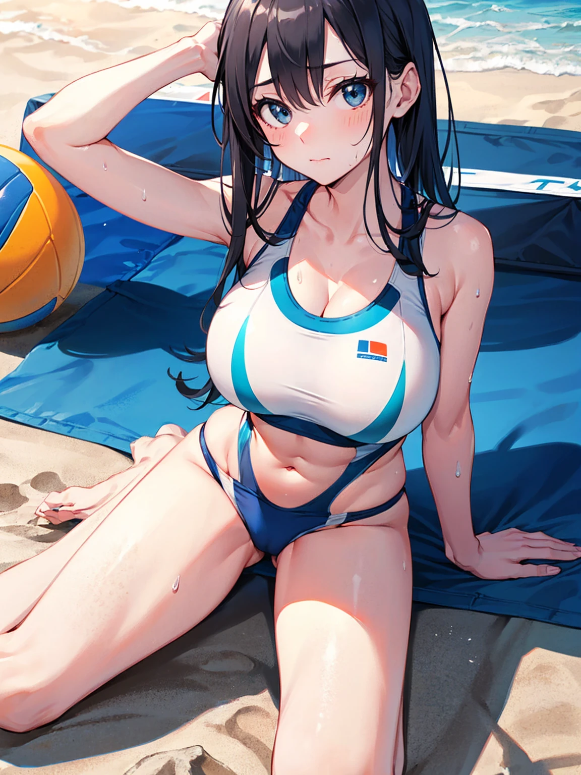 (Sweat, White skin:1.5、Light gray sports bra, ), cameltoe, Fitness, , ((Beach volleyball swimsuit)),Big Breasts, Sturdy body、lie down, ((Big Eyes in Anime))