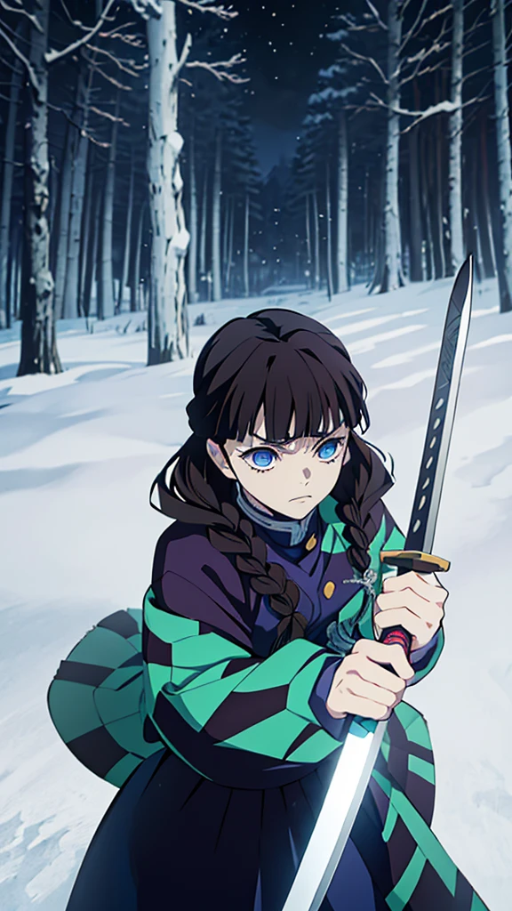 Kimetsu no Yaiba style, 1 mature, girl, blue eyes, a hashira, pretty, long dark brown hair in braids, curtain bangs, annoyed expression, noble, Pillar Demon Slayer, holding a sword, wearing demon slayer uniform, holding a blue demon slayer sword, dark and snowy background