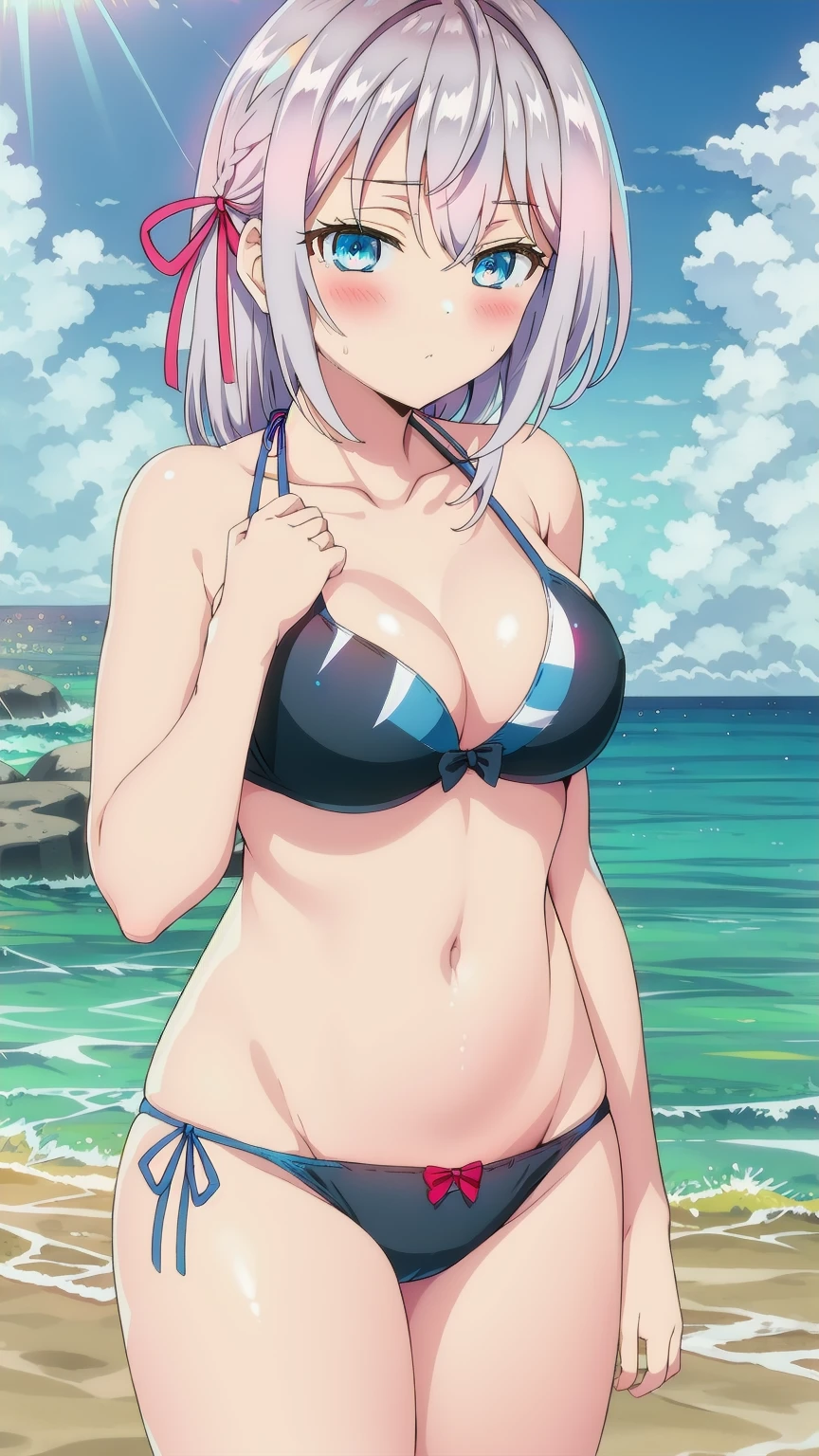 blue eyes, white hair,bangs,Long hair,hair ribbon,braid,blush,looking at the viewer, blue theme, blue background, cloudy sky, sunlight, sweat, orgasmic, bikini swimsuit,bikini,medium breasts, cleavage, belly button exposed, collarbone, thighs, sea ,wave,head,Wave, splashe,