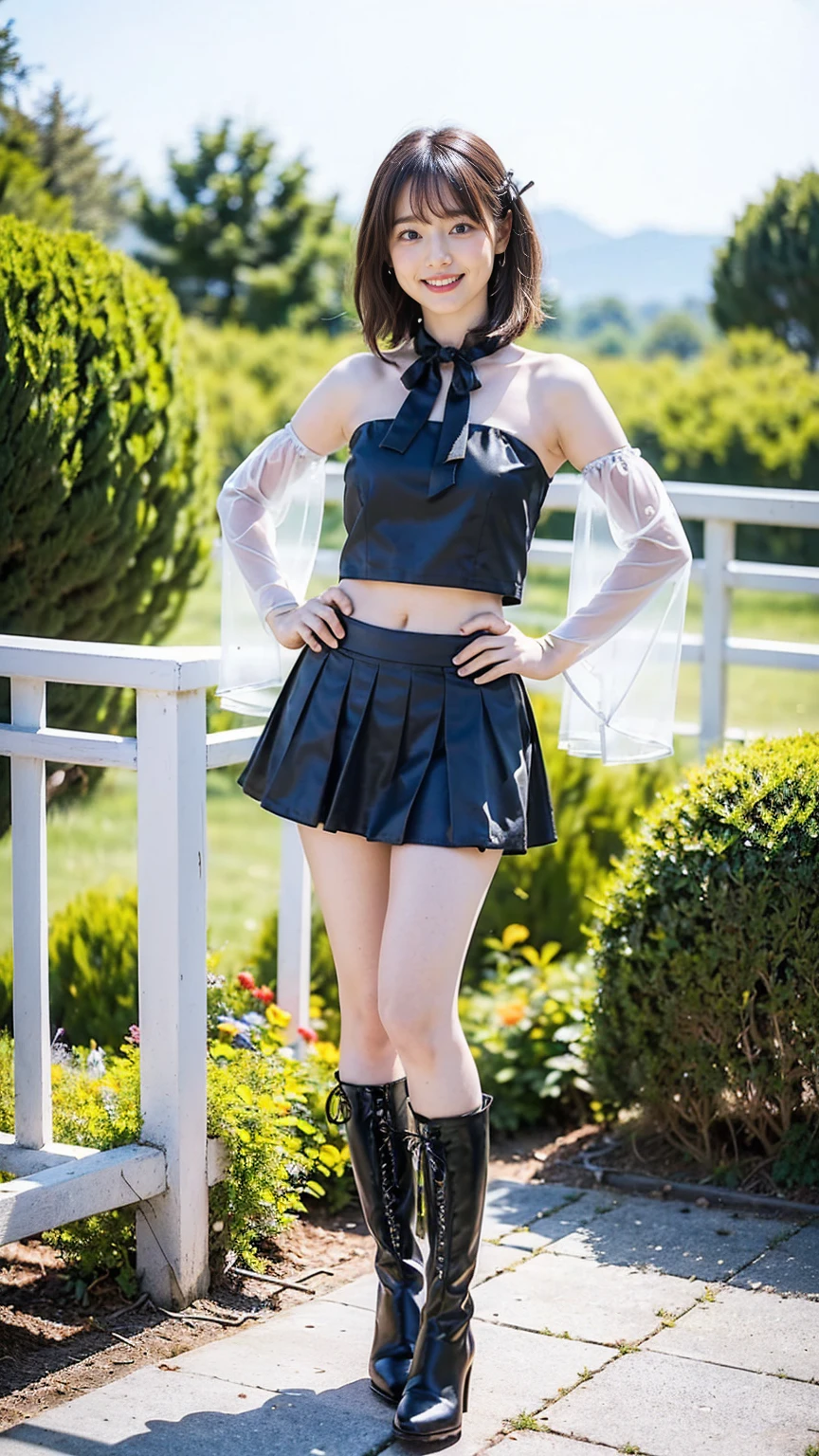 (8K、RAW Photos、Highest quality、masterpiece:1.2)、(Highest quality、Realistic)、1 Girl、((Tube top、mini skirt、Idol Costume、ribbon、Medium Hair、See-through、smile、Silver and Black、lame、Thin legs、whole body、boots、garden、View from the front、Looking into the camera、Stand with hands on hips))、cute