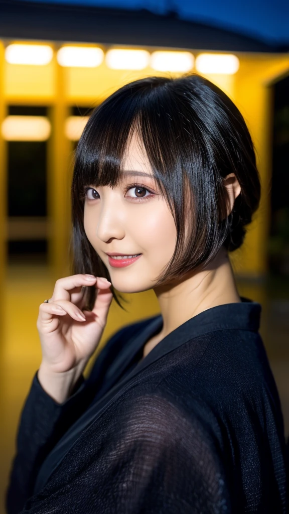 20-year-old, 8K, RAW Portrait (Japanese Girls), photo Realistic, Ultra-high resolution, Highest quality, Actual photo , dramatic, Atmospheric, Realistic,
One girl, a very beautiful Japanese Girls, Glamorous shot of a girl, smile,Bobcut,Textured skin,Gorgeous dress,Party,(night),Standing,lips,Big and beautiful eyes, Beautifully detailed nose,,Big Breasts,View your viewers,