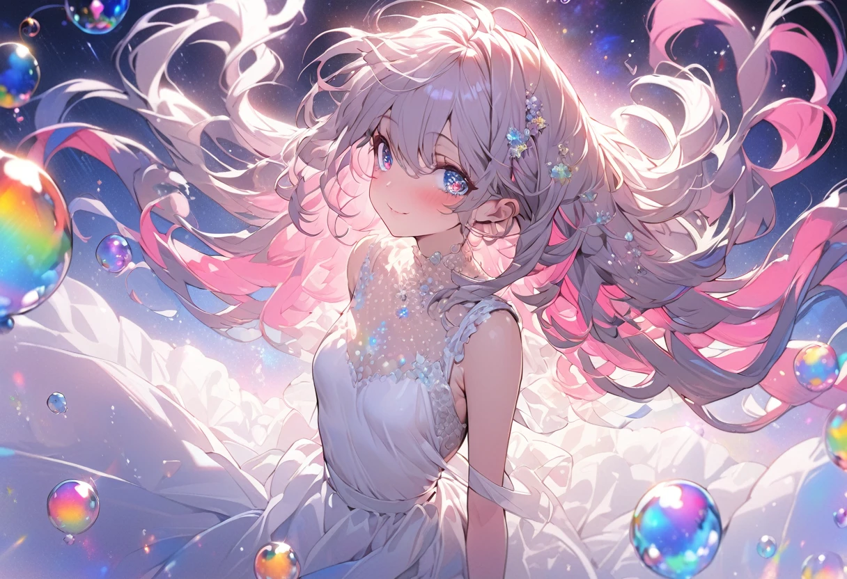 ((best quality)), ((masterpiece)), ((ultra-detailed)), (illustration), (detailed light), (an extremely delicate and beautiful), a girl, cute face, upper body, two legs, long dress, (beautiful detailed eyes), stars in the eyes, messy floating hair, colored inner hair, Starry sky adorns hair, (lots_of_big_colorful_Bubble), [pearl], [Galaxy], depth of field