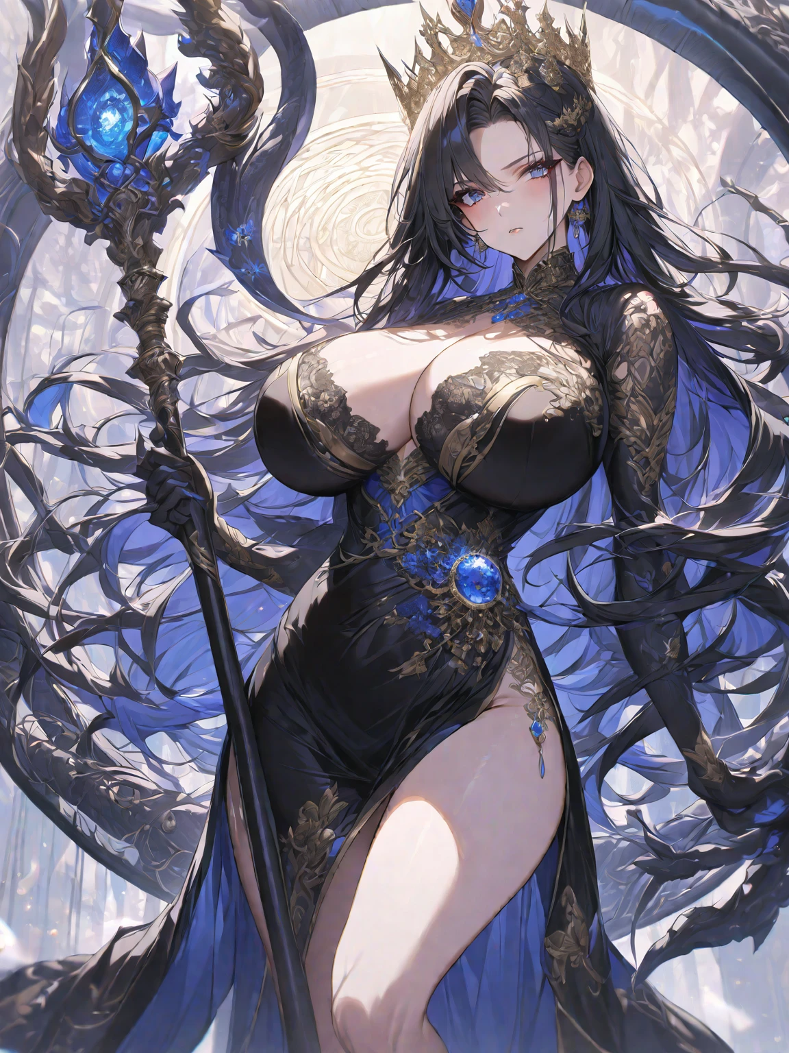 A masterpiece, very detailed, ultra-detailed, one (1 woman), she is in a long black dress with red details, with a slit on her legs, in her dragon hands she holds a long black wooden staff. Her crown is made of black twigs, and decorated with a light blue gemstone, long hair, black hair, beautiful, charming, in the eyes of a golden magic circle that rotate clockwise), elegant, huge breasts (big), serious face, charming, she stands against the background of magical circles.