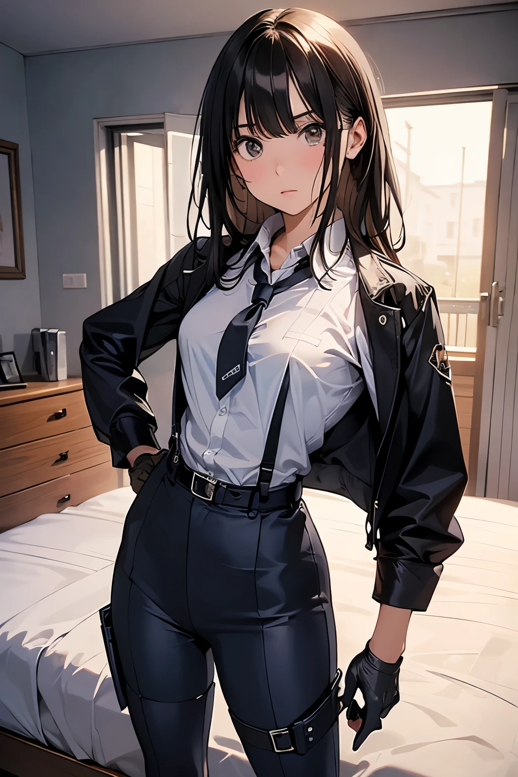1 female, , high quality, masterpiece, Ultra-high resolution, , Cinema Lighting, , , And the suspenders with the cranes flying Moderate breasts Small face holster Lying in bed Looking up Sweat belt summer 脇Sweat Black Hole Gloves suit shirt Black jacket Black trousers Leg Links ズボンにbelt holster Hands behind your back Anxious expression Looking up Anxious face, legs apart