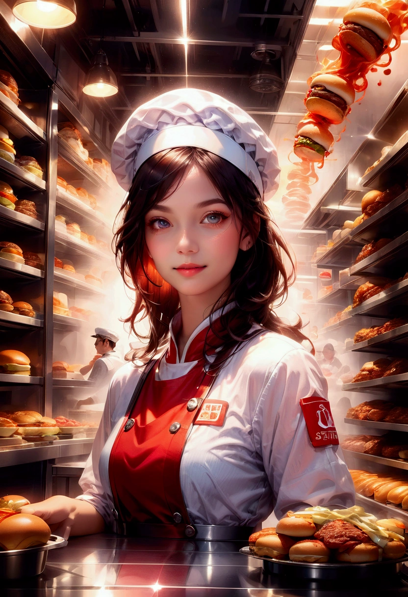 1girl, Fast Food Worker, A fast food worker, working at a busy burger restaurant, wearing a red and white uniform, smiling and serving customers, detailed facial features, 8k, dynamic lighting, warm color tones, highly detailed, seamless, volumetric, cinematic composition, clean design, industrial kitchen setting, stainless steel appliances, neon signage, reflective surfaces, steam and smoke effects, immersive atmosphere, dynamic camera angle, cinematic framing, masterpiece, best quality, very aesthetic, absurdres