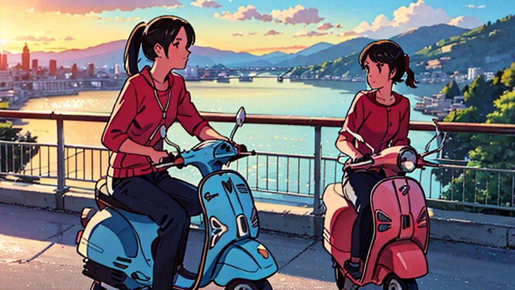Stylish young woman with a ponytail.
Wearing casual clothing.
Riding a colorful vintage scooter (model: 1970 Vespa).
Sitting by a railing overlooking a serene cityscape with mountains and a river.
The scene has a relaxed, "chilled out" atmosphere with a retro aesthetic.
The sky is sunny with a few clouds.
The overall atmosphere is calm and emotional.