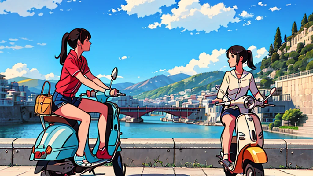 Stylish young woman with a ponytail.
Wearing casual clothing.
Riding a colorful vintage scooter (model: 1970 Vespa).
Sitting by a railing overlooking a serene cityscape with mountains and a river.
The scene has a relaxed, "chilled out" atmosphere with a retro aesthetic.
The sky is sunny with a few clouds.
The overall atmosphere is calm and emotional.