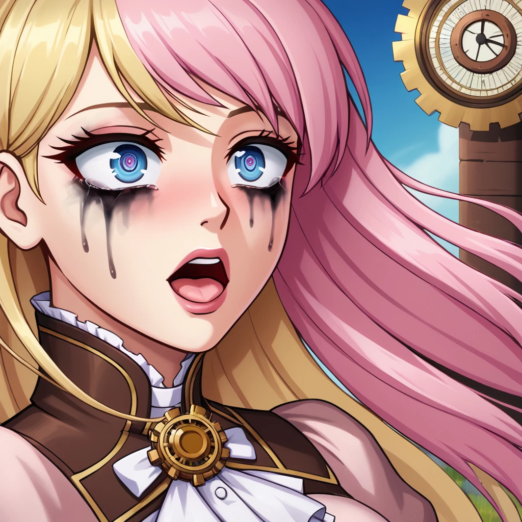 best quality, masterpiece, oral rape, upper body, woman, ruined makeup, blonde hair blown in the wind, shining eyes, steampunk nude style, thin clothes, pink clothes, pink hair