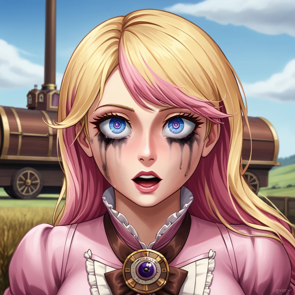 best quality, masterpiece, oral rape, upper body, woman, ruined makeup, blonde hair blown in the wind, shining eyes, steampunk nude style, thin clothes, pink clothes, pink hair