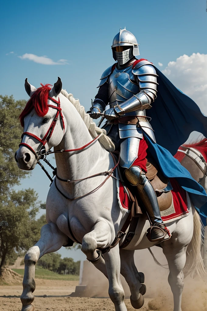 Create a Knight in White Armor, on a horse, and in the back you can see 2 kingdoms at war, 1 blue and the other red, with war theme