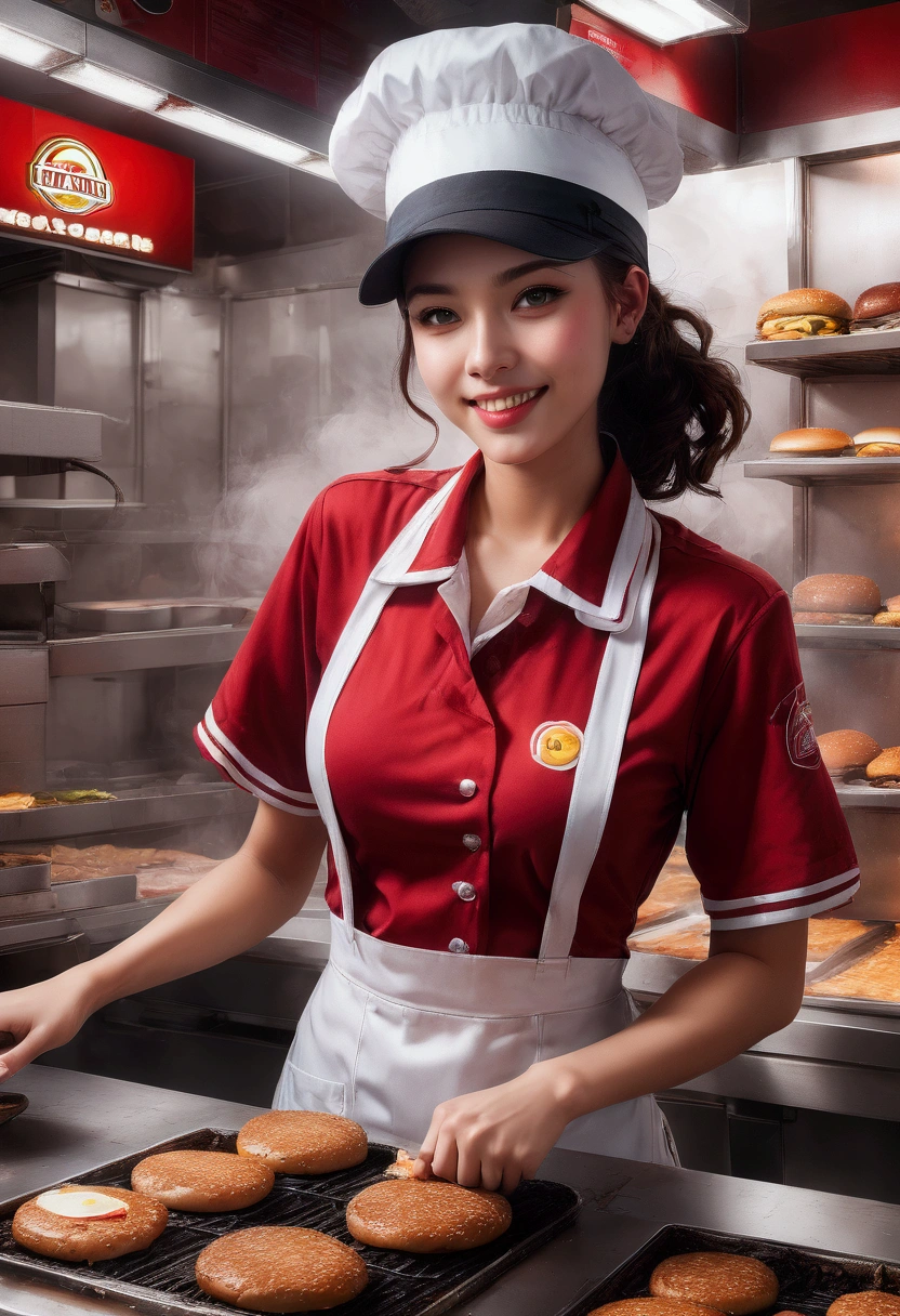 1girl, Fast Food Worker, A fast food worker, working at a busy burger restaurant, wearing a red and white uniform, smiling and serving customers, detailed facial features, 8k, dynamic lighting, warm color tones, highly detailed, seamless, volumetric, cinematic composition, clean design, industrial kitchen setting, stainless steel appliances, neon signage, reflective surfaces, steam and smoke effects, immersive atmosphere, dynamic camera angle, cinematic framing, masterpiece, best quality, very aesthetic, absurdres