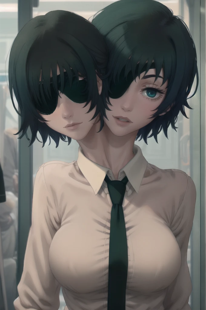 1girl, two heads, eyepatch, black hair, short hair, himeno-lora, blue eyes, green hair, gradient eyes, dark hair, dark green hair, blue-green eyes, himeno (chainsaw man), black necktie, necktie, solo, shirt, suit, formal, collared shirt, white shirt, black jacket, jacket