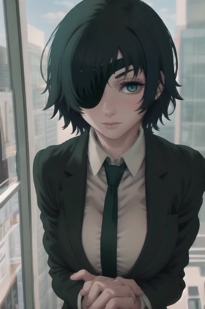 1girl, two heads, eyepatch, black hair, short hair, himeno-lora, blue eyes, green hair, gradient eyes, dark hair, dark green hair, blue-green eyes, himeno (chainsaw man), black necktie, necktie, solo, shirt, suit, formal, collared shirt, white shirt, black jacket, jacket