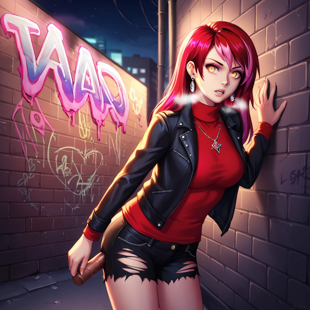 (masterpiece, best quality, 1 girl, solo, intricate details, chromatic aberration), realistic, ((medium breath)),long hair, red hair, red decoration on the head, pink highlights, amber eyes, earrings, sharp eyes, necklace, neon shirt, ripped shorts, unbuttoned jacket, turtleneck, night, against the wall, brick wall, graffiti, dim lighting, alley, look at the viewer, ( :1.4)