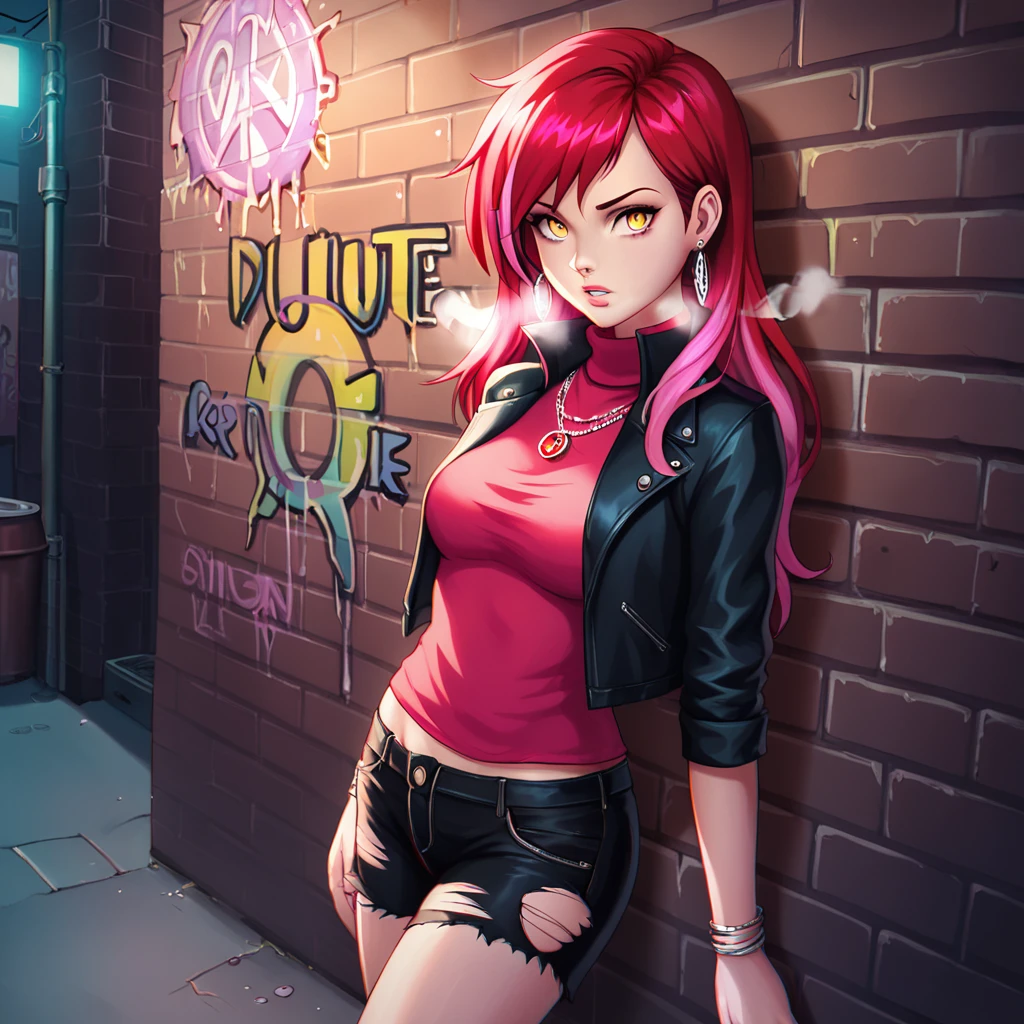 (masterpiece, best quality, 1 girl, solo, intricate details, chromatic aberration), realistic, ((medium breath)),long hair, red hair, red decoration on the head, pink highlights, amber eyes, earrings, sharp eyes, necklace, neon shirt, ripped shorts, unbuttoned jacket, turtleneck, night, against the wall, brick wall, graffiti, dim lighting, alley, look at the viewer, (anal rape:1.4)