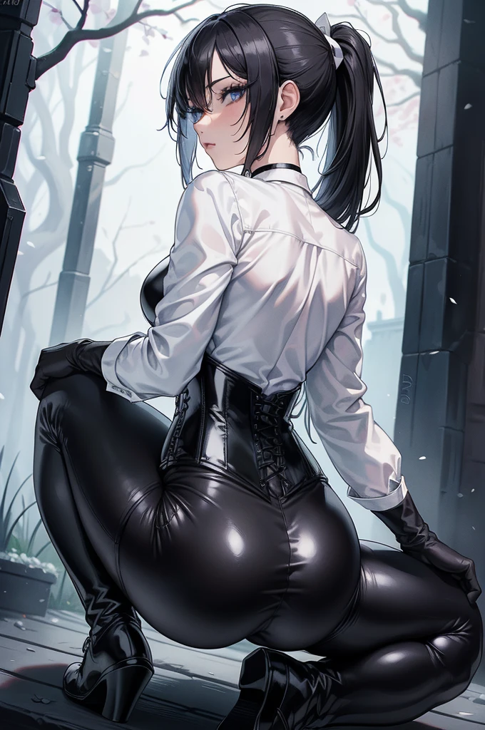 Masterpiece, Beautiful art, professional artist, 8k, art style by sciamano240, Very detailed face, Detailed clothing, detailed fabric, 1 girl, view from behind, perfect ass, crouched, showing the ass, perfect ass, perfectly drawn body, beautiful face, black hair short ponytail, Blue eyes, very detailed eyes, pink cheeks, shy expression, choker:1.6, (white long sleeve button down shirt with white collar), black gloves, gloves that cover hands, (black leather corset), (shiny black leggings), Black leather boots, Sensual Lips ,  evening de invierno, show details in the eyes, Dark road, dark forest, evening, Atmosphere, fog