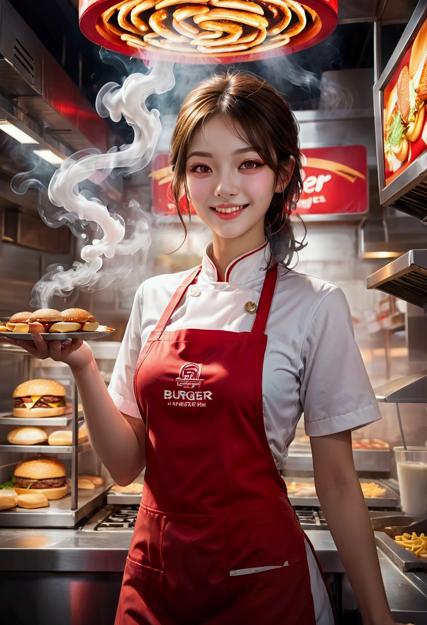 1girl, Fast Food Worker, A fast food worker, working at a busy burger restaurant, wearing a red and white uniform, smiling and serving customers, detailed facial features, 8k, dynamic lighting, warm color tones, highly detailed, seamless, volumetric, cinematic composition, clean design, industrial kitchen setting, stainless steel appliances, neon signage, reflective surfaces, steam and smoke effects, immersive atmosphere, dynamic camera angle, cinematic framing, masterpiece, best quality, very aesthetic, absurdres