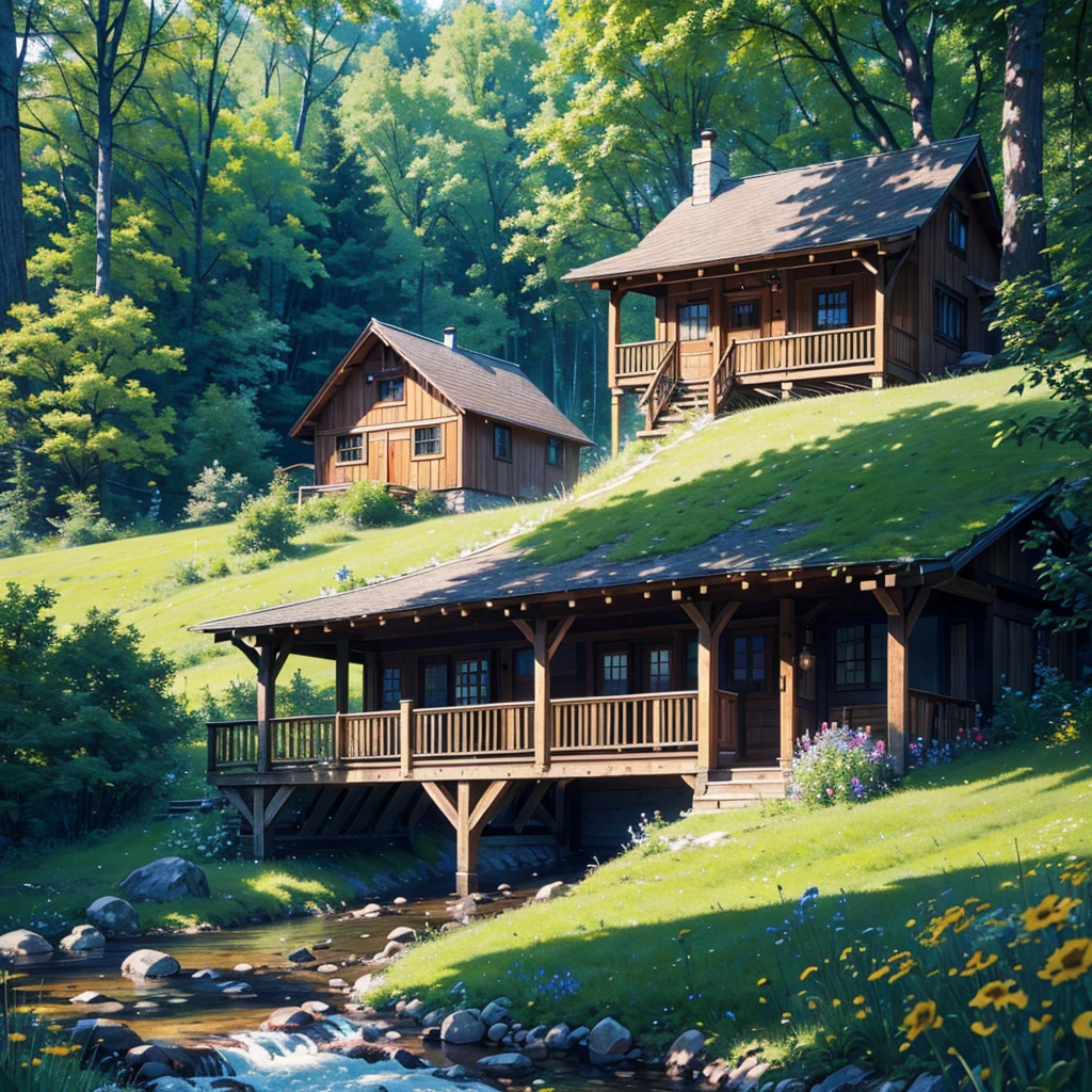A cozy wooden cottage nestled in a meadow of wildflowers, with rolling hills and lush greenery all around. A babbling brook flows under a rustic wooden bridge, sunbeams filtering through tall trees. Birds fly overhead, creating a peaceful and inviting atmosphere. (best quality, 4k, 8k, highres, masterpiece:1.2), ultra-detailed, (realistic, photorealistic, photo-realistic:1.37), landscape, natural lighting, vibrant colors, serene.