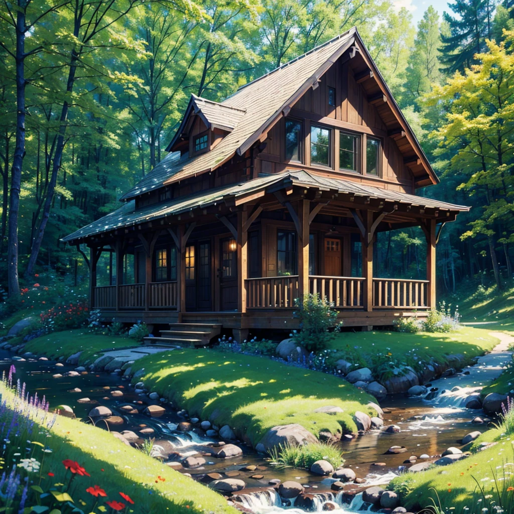 A cozy wooden cottage nestled in a meadow of wildflowers, with rolling hills and lush greenery all around. A babbling brook flows under a rustic wooden bridge, sunbeams filtering through tall trees. Birds fly overhead, creating a peaceful and inviting atmosphere. (best quality, 4k, 8k, highres, masterpiece:1.2), ultra-detailed, (realistic, photorealistic, photo-realistic:1.37), landscape, natural lighting, vibrant colors, serene.