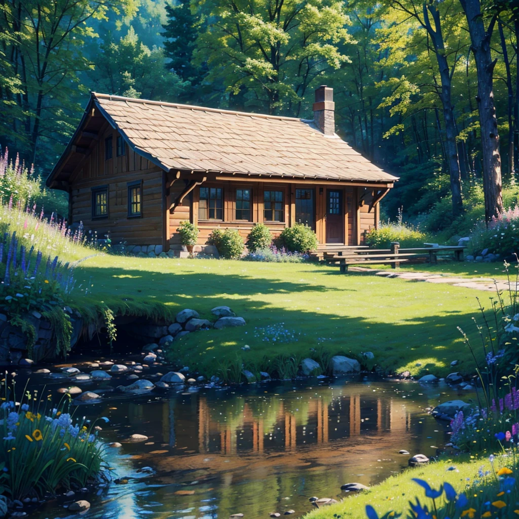 A cozy wooden cottage nestled in a meadow of wildflowers, with rolling hills and lush greenery all around. A babbling brook flows under a rustic wooden bridge, sunbeams filtering through tall trees. Birds fly overhead, creating a peaceful and inviting atmosphere. (best quality, 4k, 8k, highres, masterpiece:1.2), ultra-detailed, (realistic, photorealistic, photo-realistic:1.37), landscape, natural lighting, vibrant colors, serene.