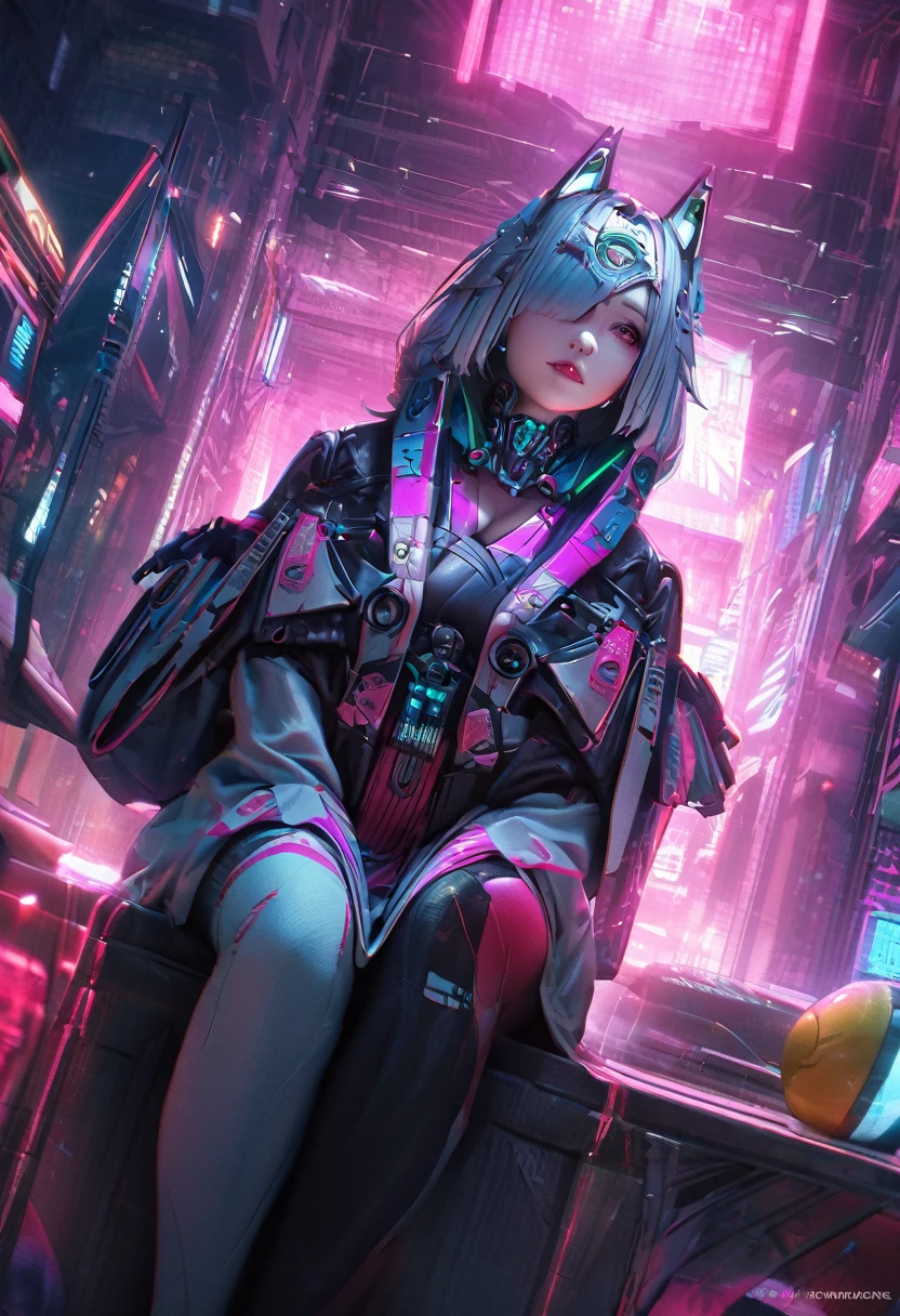 Capturing the essence of futurism, Mysterious person. Detailed scene presentation, Highlighting the complex cybernetic enhancements on the Nomads, shadow over face, And the flashing lights of electronic devices. The art is very realistic,Cyberpunk面具,1 Girl, Shrine maiden,Fox Mechanical Mask,Cyberpunk, Cyberpunk面具,Precision mechanics, summer,Shrine maiden服, Big Perspective,Overlooking,Sitting and looking up at the camera,Close shot,Focus on the characters