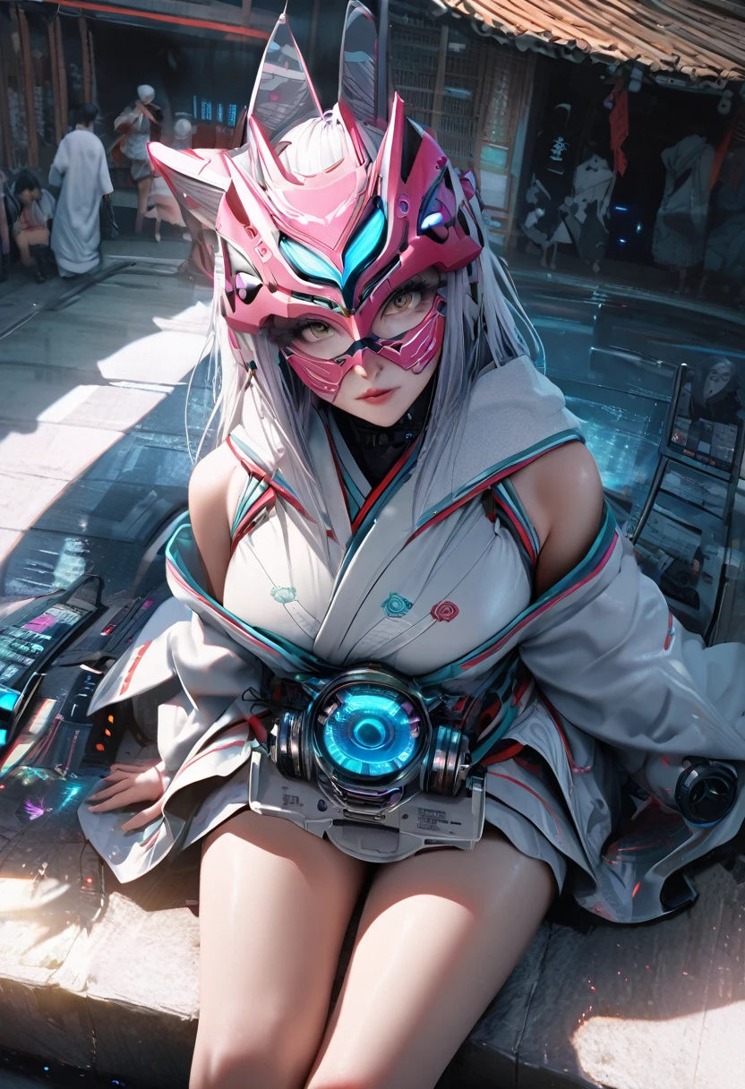 Capturing the essence of futurism, Mysterious person. Detailed scene presentation, Highlighting the complex cybernetic enhancements on the Nomads, shadow over face, And the flashing lights of electronic devices. The art is very realistic,Cyberpunk面具,1 Girl, Shrine maiden,Fox Mechanical Mask,Cyberpunk, Cyberpunk面具,Precision mechanics, summer,Shrine maiden服, Big Perspective,Overlooking,Sitting and looking up at the camera,Close shot,Focus on the characters