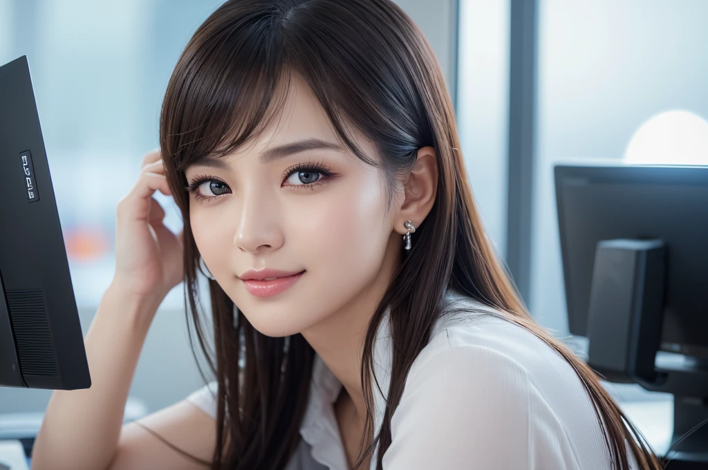 smile、beautiful detailed eyes, beautiful detailed lips, extremely detailed eyes and face, longeyelashes, elegant office lady, professional business attire, office setting, desk, computers, paperwork, (best quality,4K,8K,highres,masterpiece:1.2),ultra-detailed,(realistic,photorealistic,photo-realistic:1.37),HDR,uhd,studio lighting,ultra-fine painting,sharp focus,physically-based rendering,extreme detail description,professional,vivid colors,bokeh,intricate details,highly realistic,photorealistic portrait、white、Cang。black
