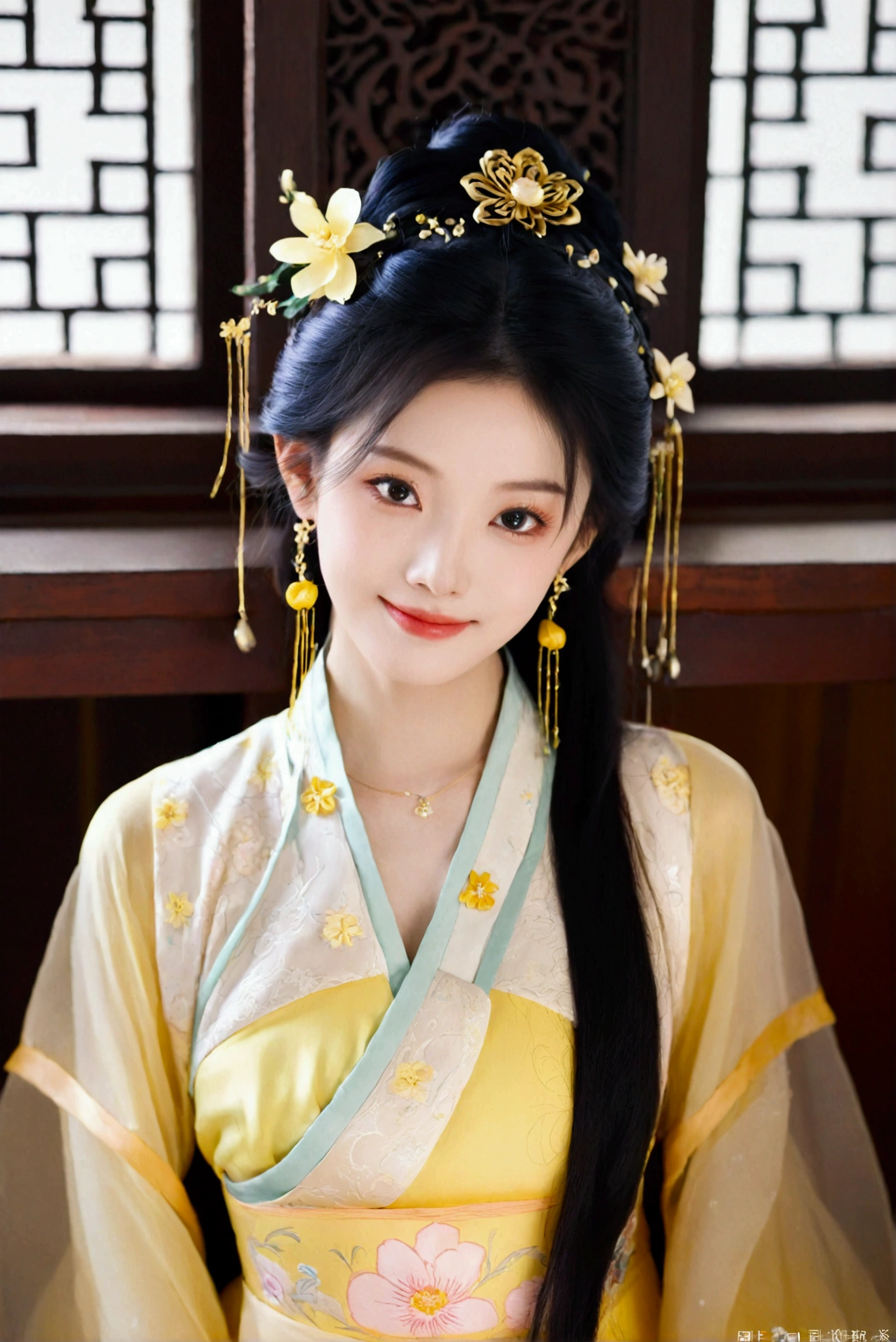 1girl, solo, looking at viewer, smile, black hair, hair ornament, dress, jewelry, upper body, flower, earrings, indoors, hair flower, black eyes, chinese clothes, realistic, yellow dress, hanfu