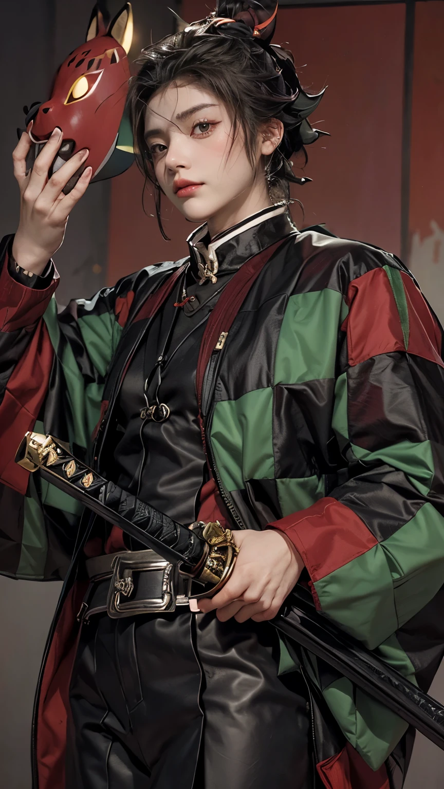 Create an image of a confident young samurai character. She has ponytail hair, spiky maroon hair and a determined expression, wound on forehead. She is wearing a traditional black and green checkered haori over a dark brown kimono. In her left hand, he holds a fox mask with intricate designs, while her right hand rests on the hilt of a katana sheathed at his waist. The background is a solid, deep red color, highlighting the character's striking appearance. The overall style should be reminiscent of Japanese anime.