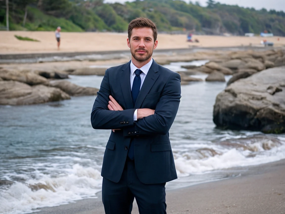 Wide Shot, Realistic , handsome men ,beach
