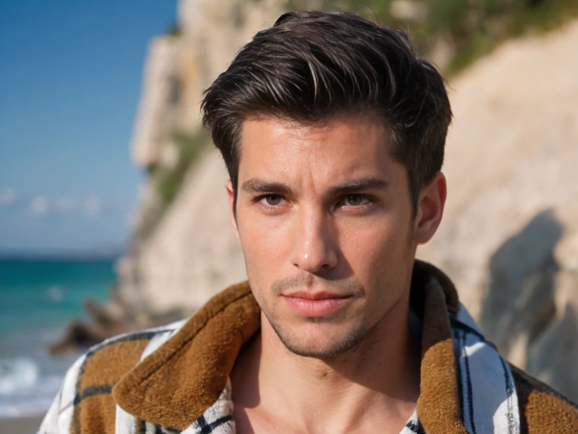 Wide Shot, Realistic , handsome men ,beach