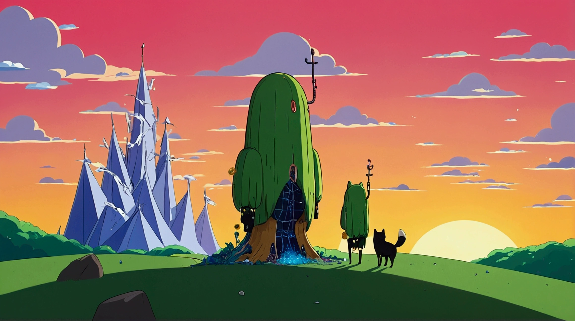 High quality masterpiece ,scenecy, adventure time scenecy,,Lofi art style,Reflectors, By Makoto Shinkai, Lofi art, beautiful anime scenes, Anime landscapes, Detailed scenery —width 672, in the style of makoto shinkai, Makoto Shinkai's style,Detail enhancement,a Shiba Inu which standing