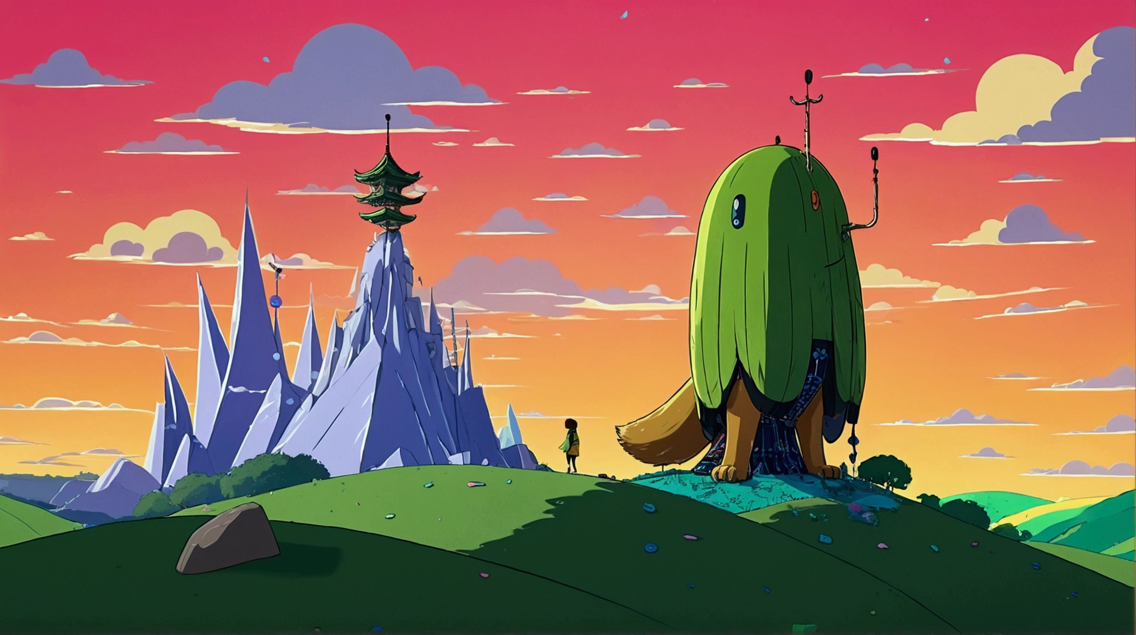 High quality masterpiece ,scenecy, adventure time scenecy,,Lofi art style,Reflectors, By Makoto Shinkai, Lofi art, beautiful anime scenes, Anime landscapes, Detailed scenery —width 672, in the style of makoto shinkai, Makoto Shinkai's style,Detail enhancement,a Shiba Inu which standing