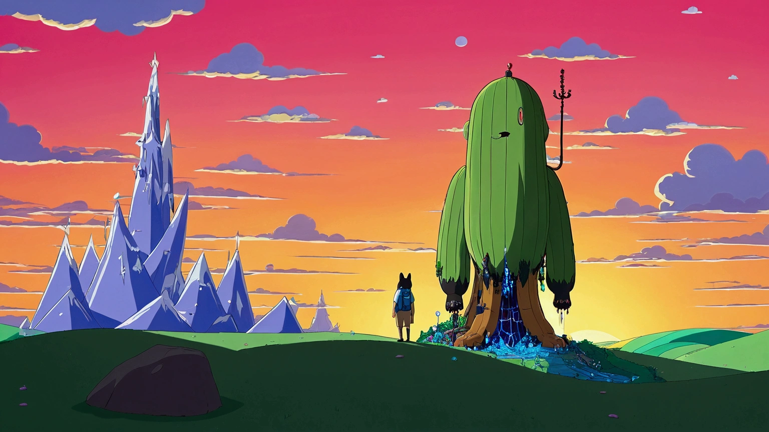High quality masterpiece ,scenecy, adventure time scenecy,,Lofi art style,Reflectors, By Makoto Shinkai, Lofi art, beautiful anime scenes, Anime landscapes, Detailed scenery —width 672, in the style of makoto shinkai, Makoto Shinkai's style,Detail enhancement,a Shiba Inu which standing