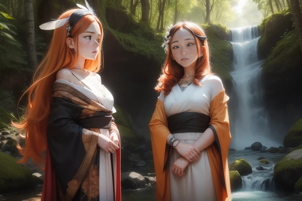 (((freckles))), ((kolito)), vibrant orange kimono with white and black decorations, forest, waterfall