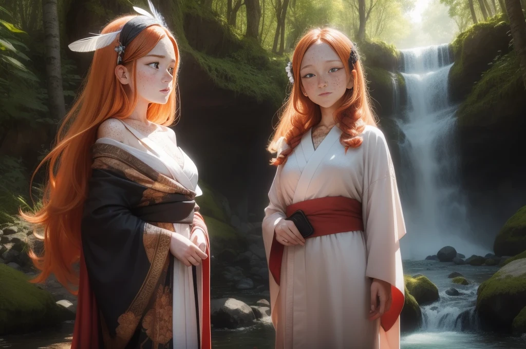 (((freckles))), ((kolito)), vibrant orange kimono with white and black decorations, forest, waterfall