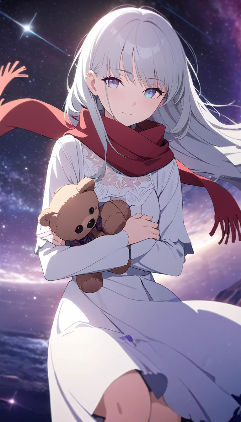 (((masterpiece))), (((best quality))),(((high detail))),light manipulation, girl with long silver hair, gradient purple to sky blue eyes, wearing a white dress, a red scarf, galaxy background, holding a teddy bear, feet, no footwear