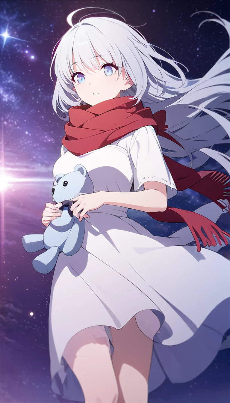 (((masterpiece))), (((best quality))),(((high detail))),light manipulation, girl with long silver hair, gradient purple to sky blue eyes, wearing a white dress, a red scarf, galaxy background, holding a teddy bear, feet, no footwear
