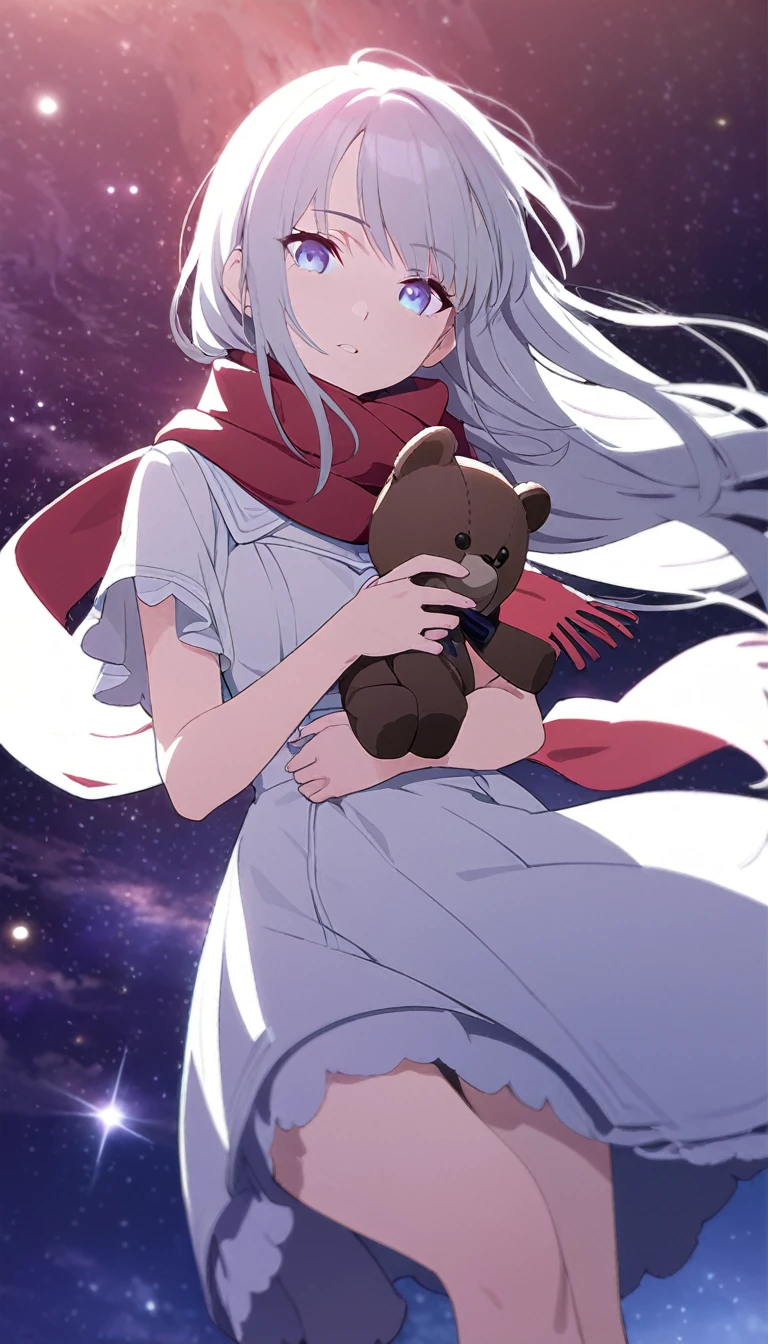 (((masterpiece))), (((best quality))),(((high detail))),light manipulation, girl with long silver hair, gradient purple to sky blue eyes, wearing a white dress, a red scarf, galaxy background, holding a teddy bear, feet, no footwear