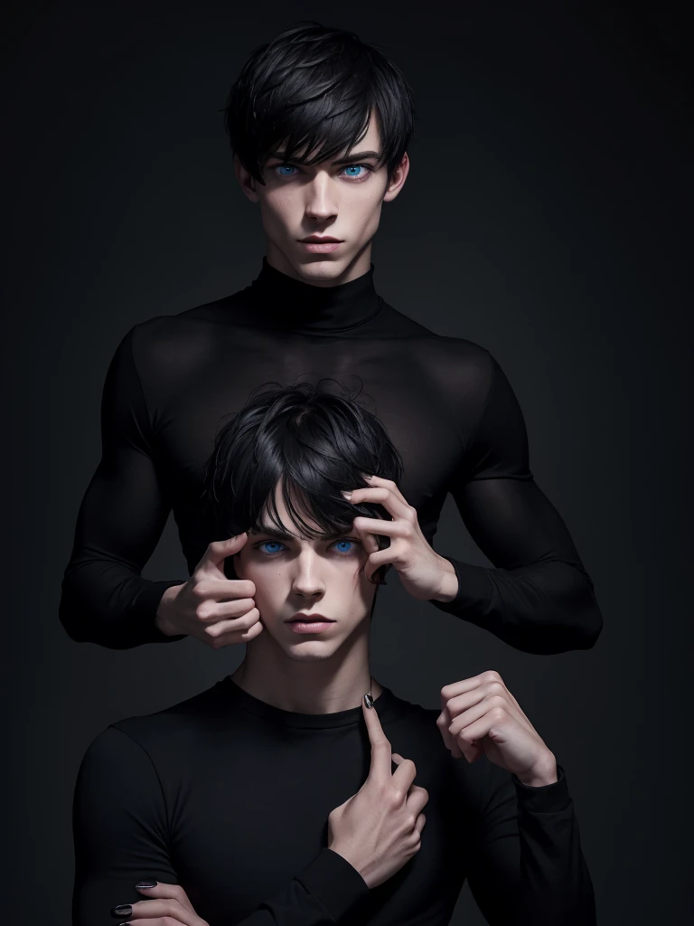 (best quality), 1boy, male, pale skin, black hair, short hair, tousled hair, messy bangs, bangs over eyes, blue eyes, perfect eyes, dark circles under eyes, lanky body, boyish, strong jawline, frown, attractive, goth boy, long sleeved black crop top, masculine body, black nails, black earstuds, masterpiece, anatomically correct, highres