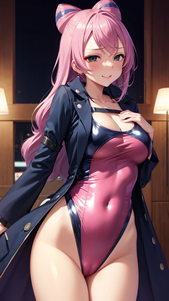 Erotic、Navy blue one piece swimsuit Pink line、Evil female executive、sexy、Erotic Sneer、lure、Alluring、Pitch black background、Dark bedroom at night、Open long coat jacket