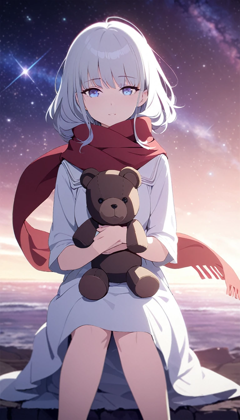 (((masterpiece))), (((best quality))),(((high detail))),light manipulation, girl with long silver hair, gradient purple to sky blue eyes, wearing a white dress, a red scarf, galaxy background, holding a teddy bear, feet, no footwear