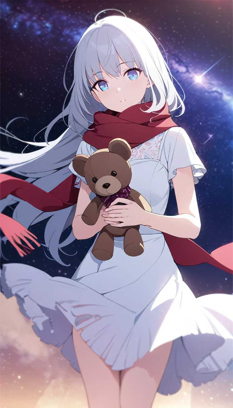 (((masterpiece))), (((best quality))),(((high detail))),light manipulation, girl with long silver hair, gradient purple to sky blue eyes, wearing a white dress, a red scarf, galaxy background, holding a teddy bear, feet, no footwear