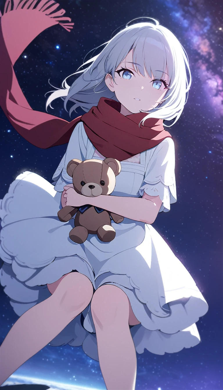 (((masterpiece))), (((best quality))),(((high detail))),light manipulation, girl with long silver hair, gradient purple to sky blue eyes, wearing a white dress, a red scarf, galaxy background, holding a teddy bear, feet, no footwear