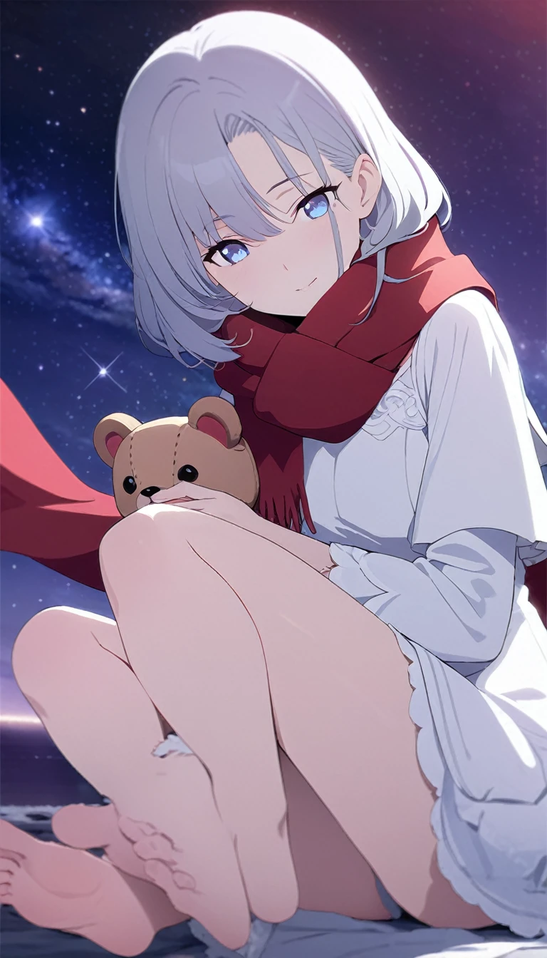 (((masterpiece))), (((best quality))),(((high detail))),light manipulation, girl with long silver hair, gradient purple to sky blue eyes, wearing a white dress, a red scarf, galaxy background, holding a teddy bear, feet, no footwear