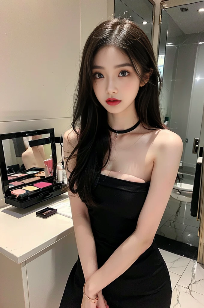 ((top quality, 8K, masterpiece: 1.3)), lens flare, indirect lighting, beauty, (faint smile : 1.1), (1 woman, 25 years old, kpop idol, solo), (beauty: 1.4), (full body shot), slim body, realistic skin, ((black medium hair : 1.3), (Strapless mini dress, long legs, see-through pantyhose, choker necklace, Accessories, high heel, (Make-up room, wardrobe, powder room), (facing the makeup mirror, Bow your upper body,, stick out your ass,Leaning, applying lipstick) , very detailed look, very detailed lips, detailed eyes, precise gaze, beautiful pupils, Clear eye line, abundant eyelashes, double eyelid, detailed fingers, detailed legs, natural anatomy, cosmetics pouch, Powder, cosmetics, Nail art, feminine accessories