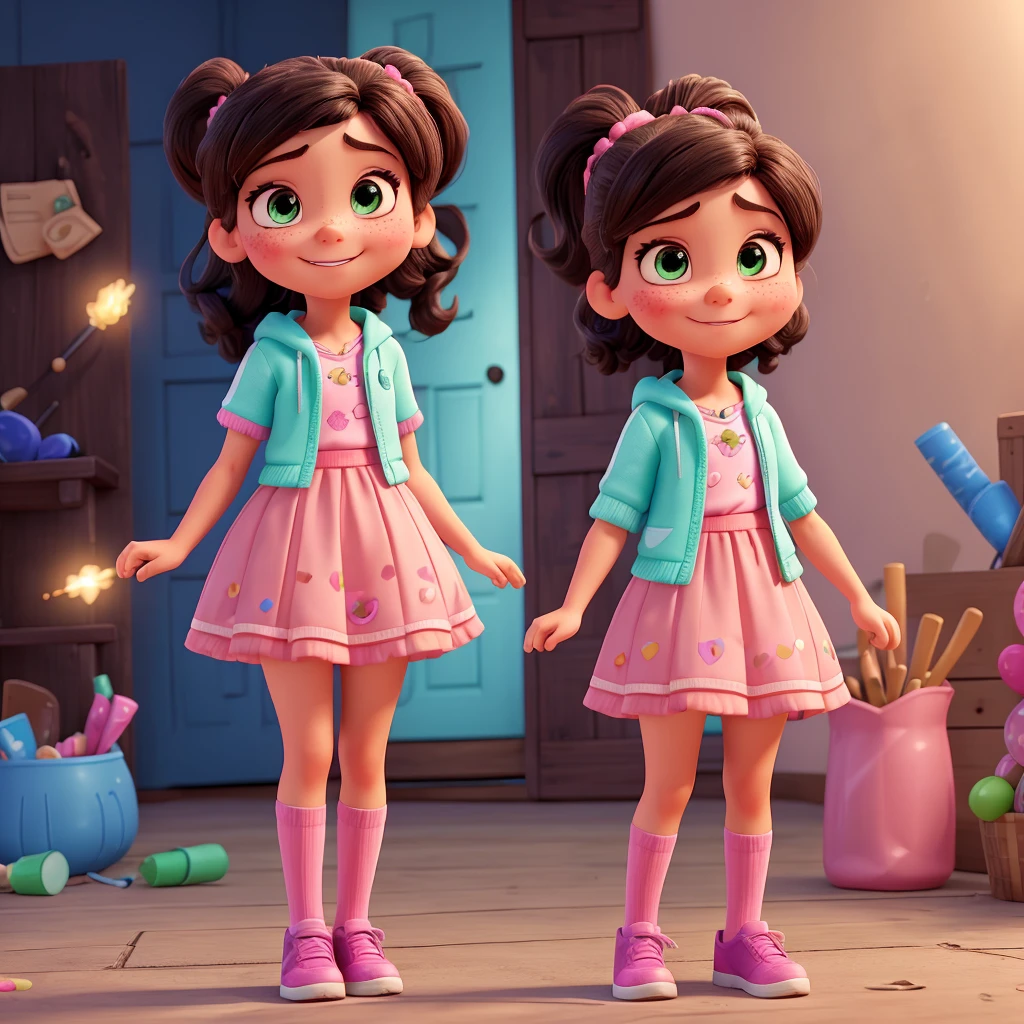 Vanellope von Schweetz is an animated character from the film "Ralph the devastating" (Wreck-It Ralph). Here is a detailed description of the character that you can use to generate or search for an image:
1. **Appearance**:
- **Clothes**: Vanellope wears a mint green hoodie with pink laces and a small front pocket. She wears a brown skirt with a candy border. She also has pink and white striped tights., and black shoes with pink laces.
- **Hair**: He has black hair, tied in a high ponytail with a mint green ribbon. Her hair is decorated with various colorful candies (Candies, sparks, etc.).
- **Facial features**: Vanellope has large, expressive dark brown eyes.. Her skin is light and she has freckles on her cheeks.. Her lips are pink and she is often seen smiling mischievously..
- **Height and build**: He is short and has a small, thin build., typical of a girl of around 9 years old.
2. **Personality**:
- **ATTITUDE**: It is energetic, witty and sarcastic. Despite being considered a "failed" in your video game, He has a strong spirit and is not easily intimidated..
- **Skills**: Vanellope is a skilled runner and has the ability to "glitchear", allowing you to briefly teleport from one place to another.
This description should help you find or generate an accurate image of Vanellope von Schweetz.