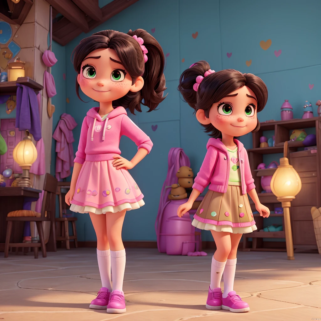 Vanellope von Schweetz is an animated character from the film "Ralph the devastating" (Wreck-It Ralph). Here is a detailed description of the character that you can use to generate or search for an image:

1. **Appearance**:
   - **Clothes**: Vanellope wears a mint green hoodie with pink laces and a small front pocket. She wears a brown skirt with a candy border. She also has pink and white striped tights., and black shoes with pink laces.
   - **Hair**: He has black hair, tied in a high ponytail with a mint green ribbon. Her hair is decorated with various colorful candies (Candies, sparks, etc.).
   - **Facial features**: Vanellope has large, expressive dark brown eyes.. Her skin is light and she has freckles on her cheeks.. Her lips are pink and she is often seen smiling mischievously..
   - **Height and build**: He is short and has a small, thin build., typical of a girl of around 9 years old.

2. **Personality**:
   - **ATTITUDE**: It is energetic, witty and sarcastic. Despite being considered a "failed" in your video game, He has a strong spirit and is not easily intimidated..
   - **Skills**: Vanellope is a skilled runner and has the ability to "glitchear", allowing you to briefly teleport from one place to another.

This description should help you find or generate an accurate image of Vanellope von Schweetz.