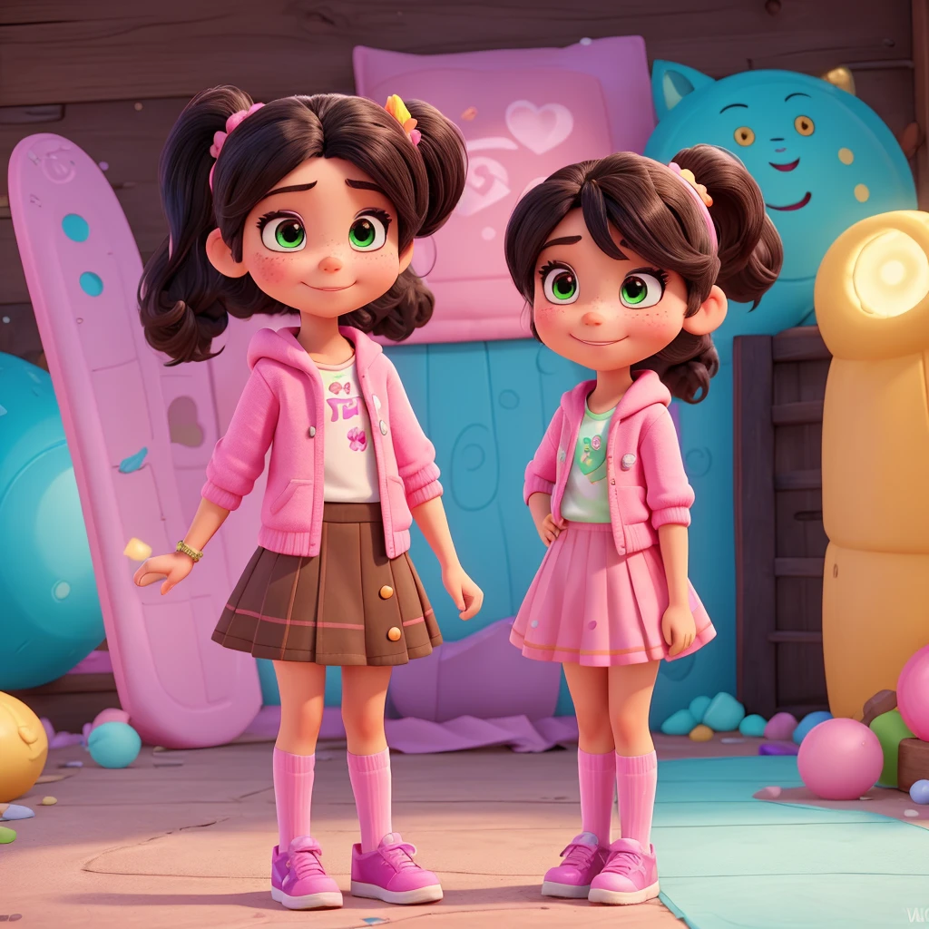 Vanellope von Schweetz is an animated character from the film "Ralph the devastating" (Wreck-It Ralph). Here is a detailed description of the character that you can use to generate or search for an image:
1. **Appearance**:
- **Clothes**: Vanellope wears a mint green hoodie with pink laces and a small front pocket. She wears a brown skirt with a candy border. She also has pink and white striped tights., and black shoes with pink laces.
- **Hair**: He has black hair, tied in a high ponytail with a mint green ribbon. Her hair is decorated with various colorful candies (Candies, sparks, etc.).
- **Facial features**: Vanellope has large, expressive dark brown eyes.. Her skin is light and she has freckles on her cheeks.. Her lips are pink and she is often seen smiling mischievously..
- **Height and build**: He is short and has a small, thin build., typical of a girl of around 9 years old.
2. **Personality**:
- **ATTITUDE**: It is energetic, witty and sarcastic. Despite being considered a "failed" in your video game, He has a strong spirit and is not easily intimidated..
- **Skills**: Vanellope is a skilled runner and has the ability to "glitchear", allowing you to briefly teleport from one place to another.
This description should help you find or generate an accurate image of Vanellope von Schweetz.